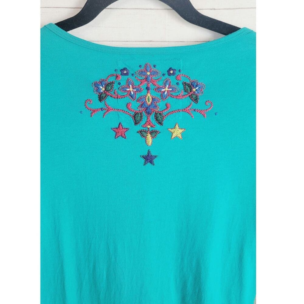 Johnny Was LA Embroidered Ruffle Button Front Teal Long Sleeve Blouse, sz Med - Picture 10 of 15